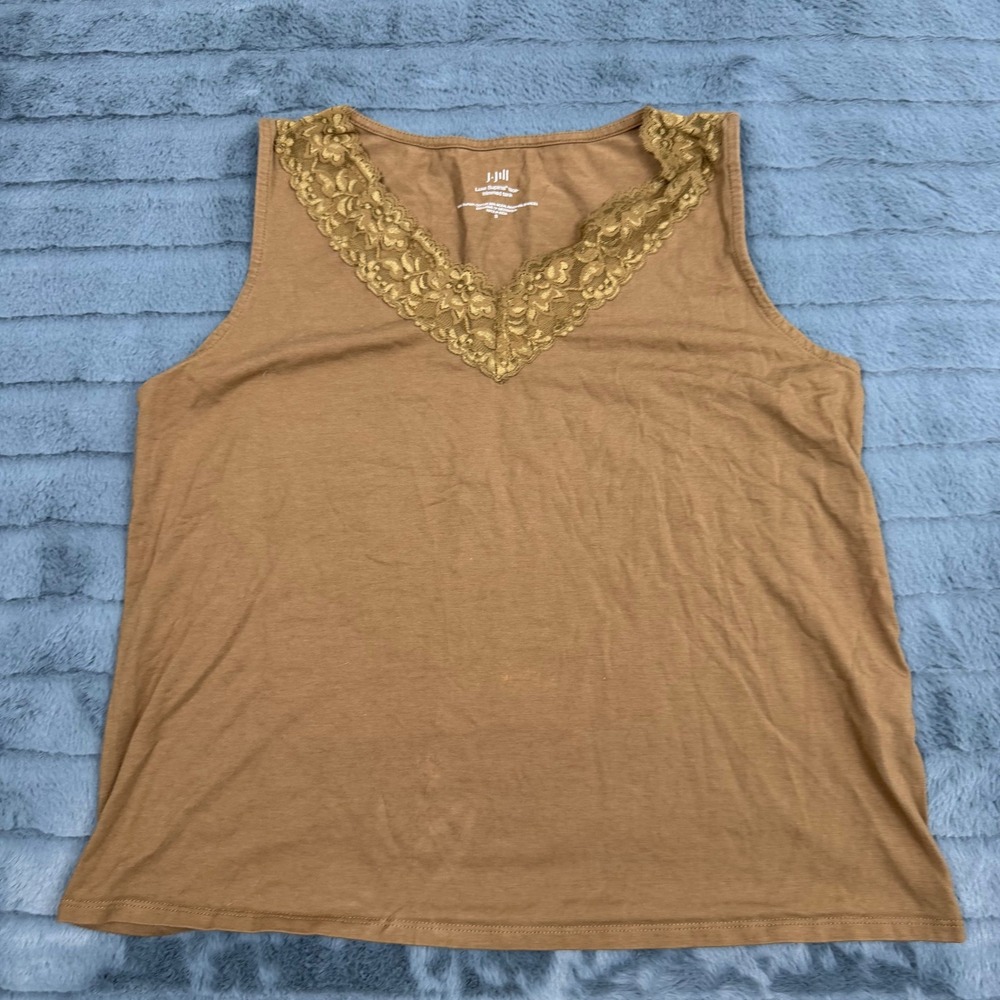 J. Jill Luxe Supima Lace Trimmed Tank Top Brown Tan V-Neck Sleeveless Small